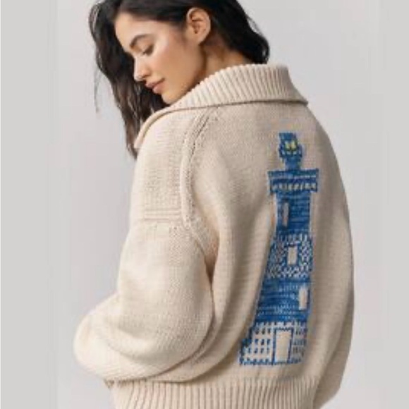 Anthropologie Cream lighthouse Cardigan with Blue Design